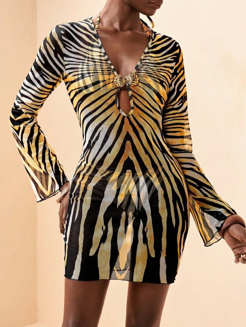 Black Women's Metal Accent Design Front Coverup mini Dress Vacation Style